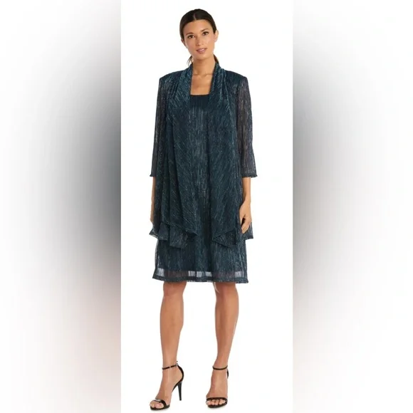 NWT R&M Richards Sleeveless Cascade Front Metallic Knit Dress & Jacket Size 10P - Picture 1 of 7